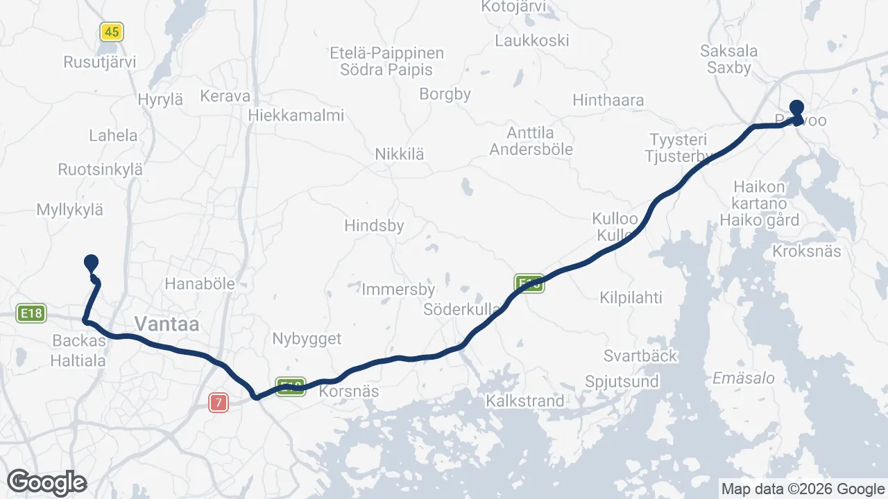 Route map: Helsinki Airport ⇄ Porvoo