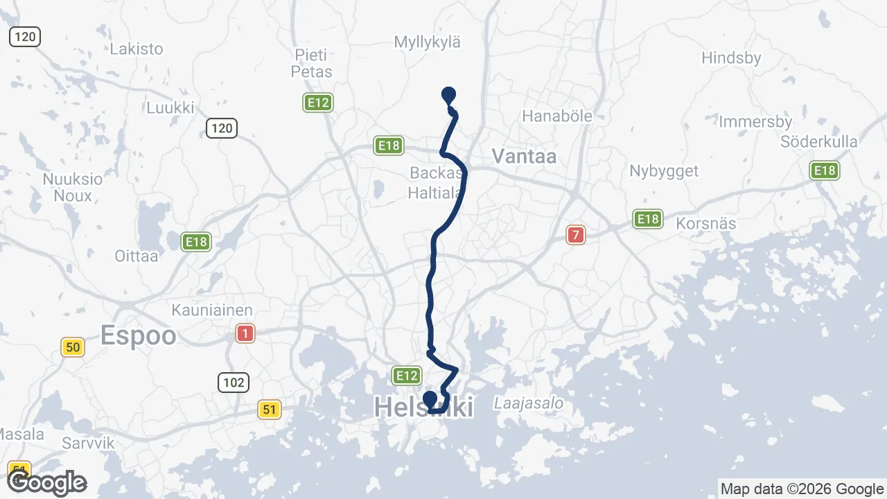 Route map: Helsinki Airport ⇄ Hotel Kämp