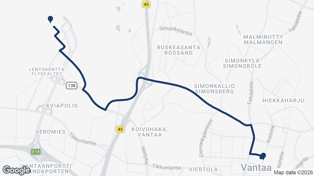 Route map: Helsinki Airport ⇄ Vantaa