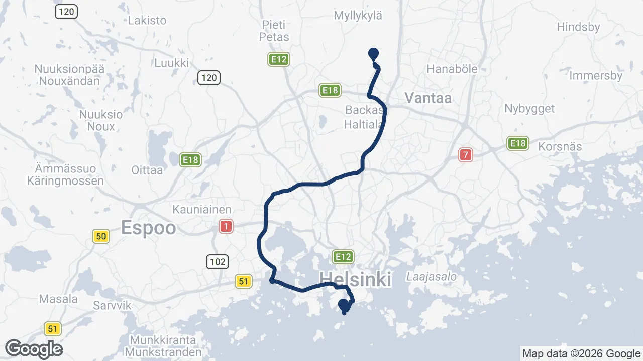 Route map: Helsinki Airport ⇄ Hernesaari Cruise Port