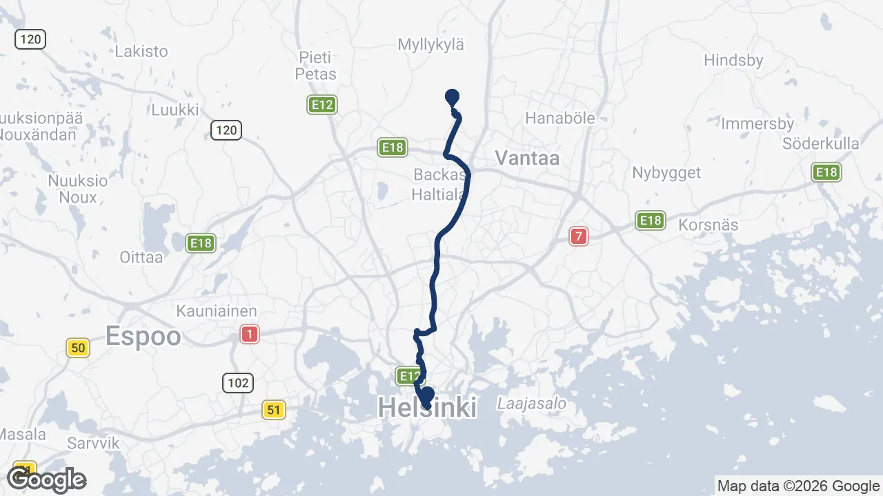 Route map: Helsinki Airport ⇄ City Centre