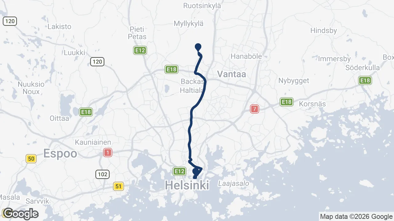 Route map: Helsinki Airport ⇄ Hilton Helsinki Strand