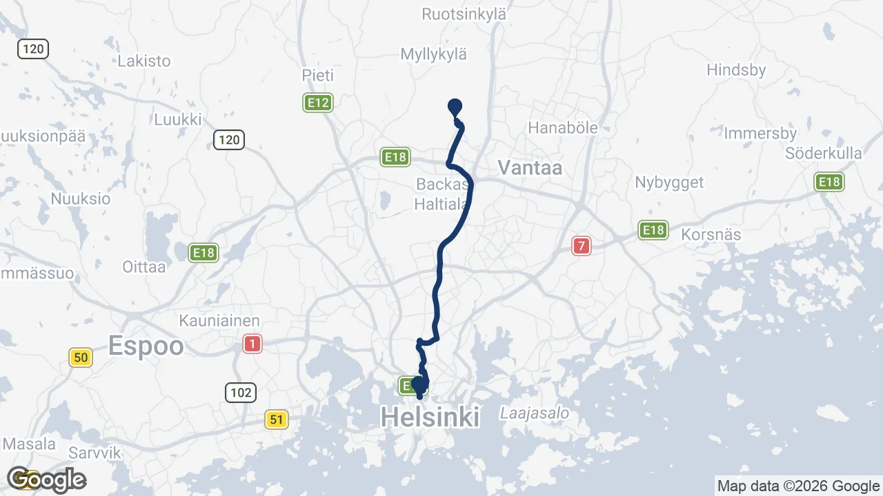 Route map: Helsinki Airport to Crowne Plaza Helsinki