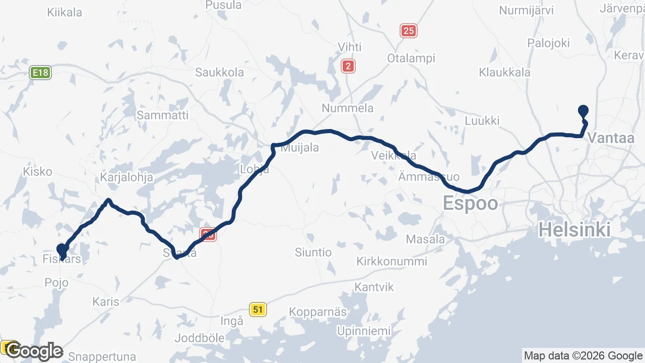 Route map: Helsinki Airport to Fiskars Village