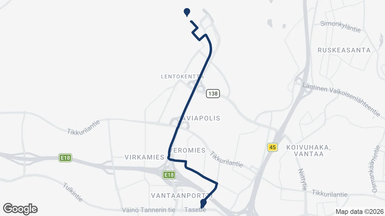 Route map: Helsinki Airport to Flamingo Spa