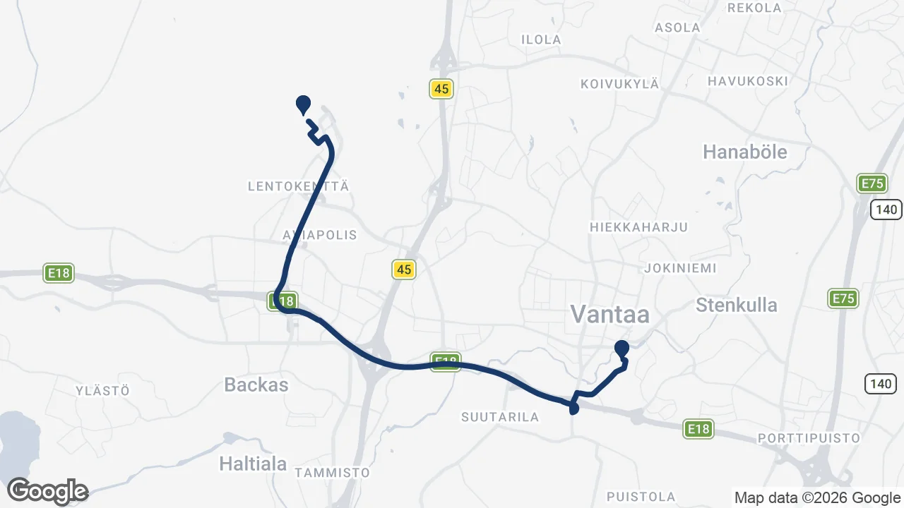 Route map: Helsinki Airport to Heureka Science Centre