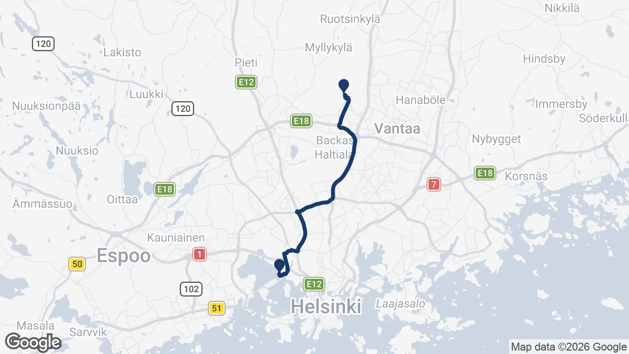 Route map: Helsinki Airport to Hilton Kalastajatorppa