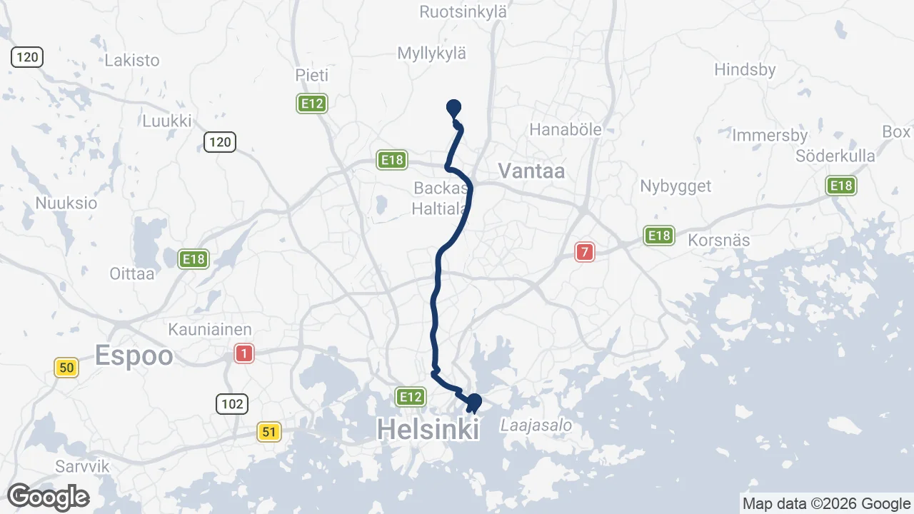 Route map: Helsinki Airport to Korkeasaari Zoo