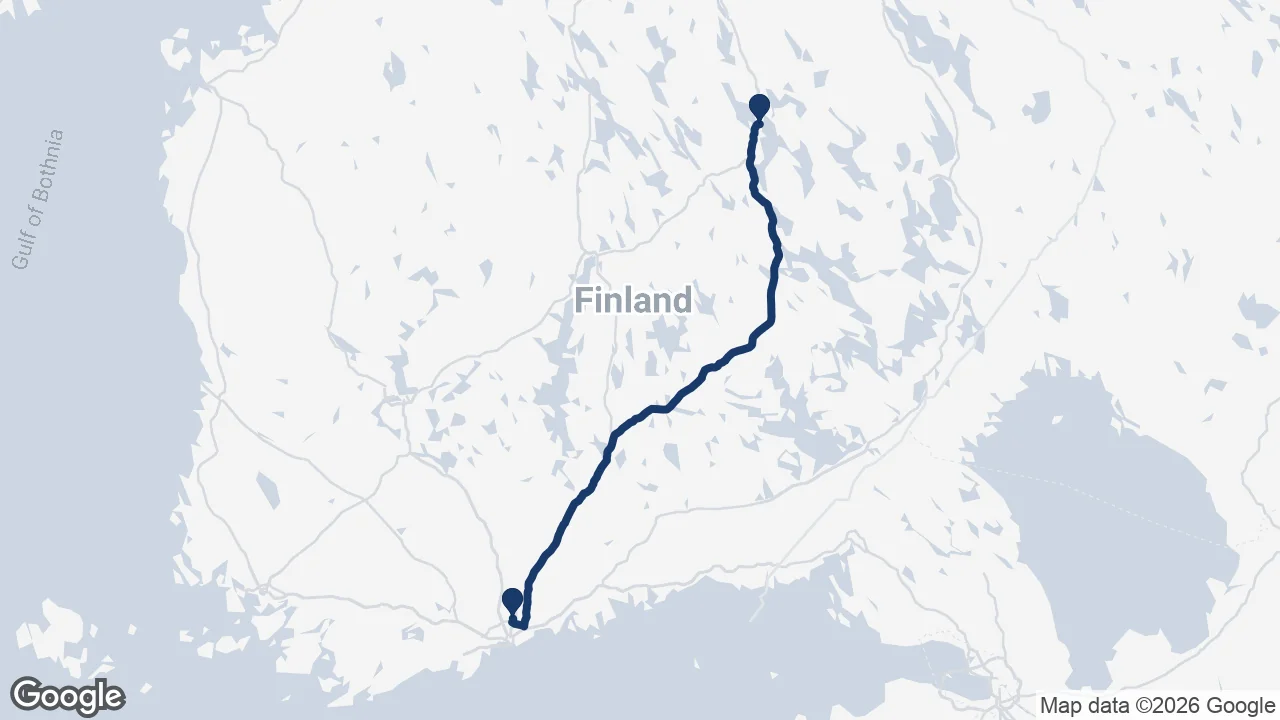Route map: Helsinki Airport to Kuopio