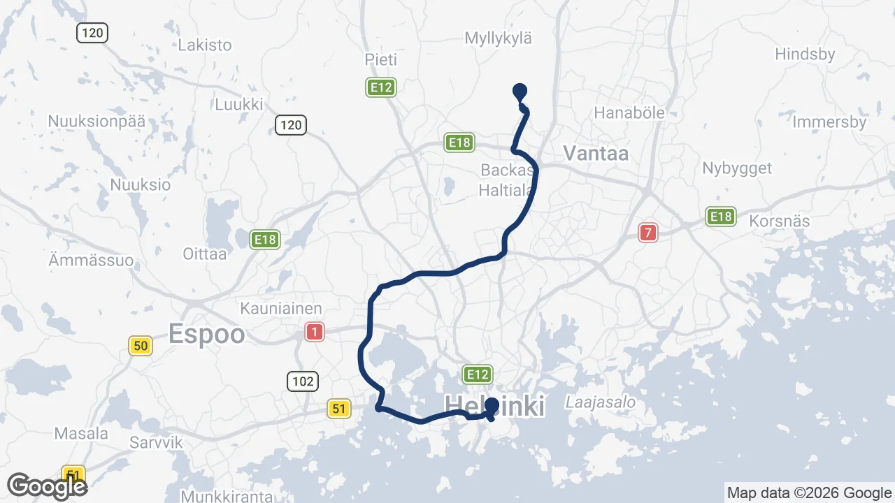 Route map: Helsinki Airport to Lapland Hotels Bulevardi