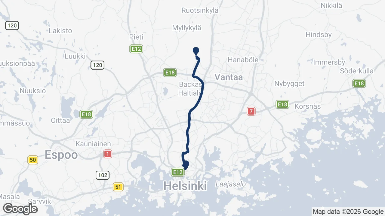 Route map: Helsinki Airport to Linnanmäki Amusement Park