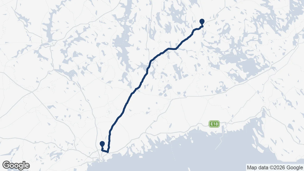 Route map: Helsinki Airport to Mikkeli