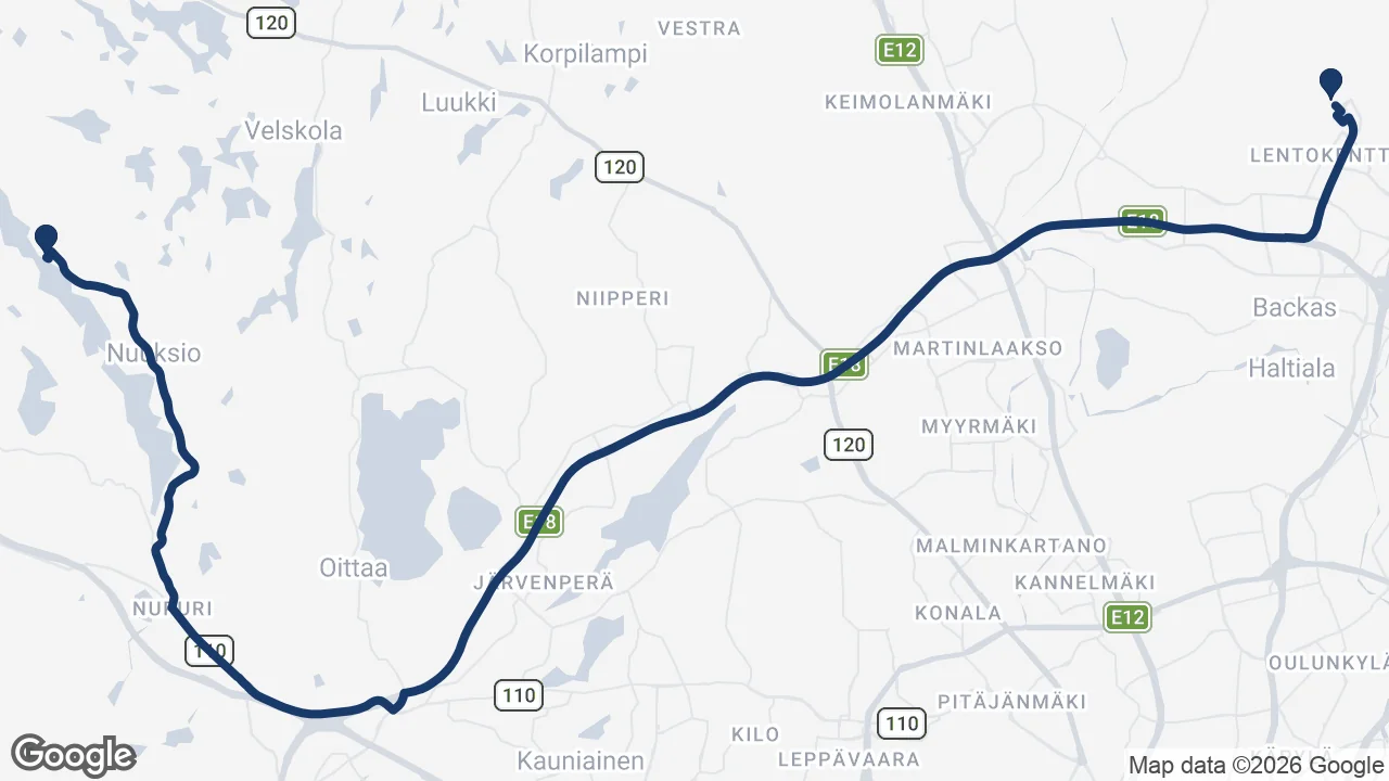 Route map: Helsinki Airport to Nuuksio National Park