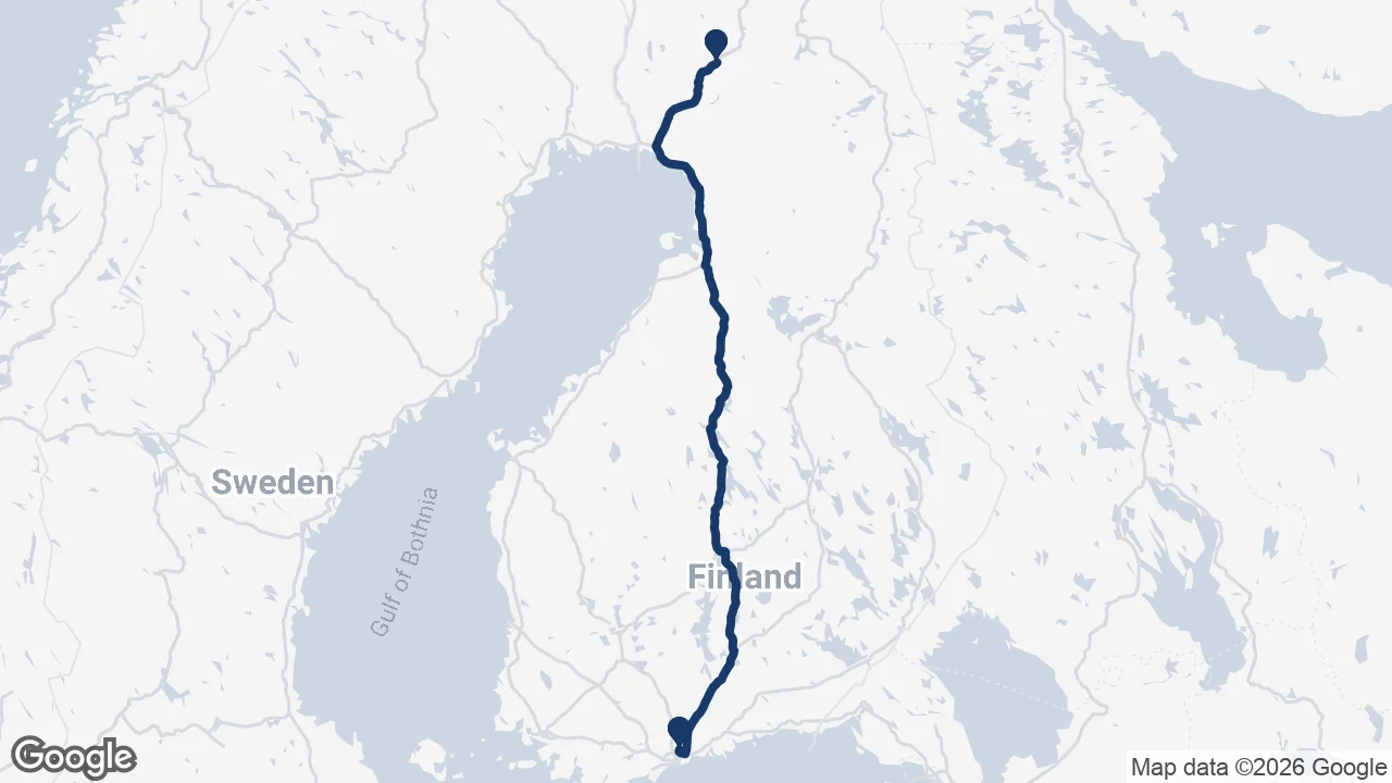 Route map: Helsinki Airport to Rovaniemi