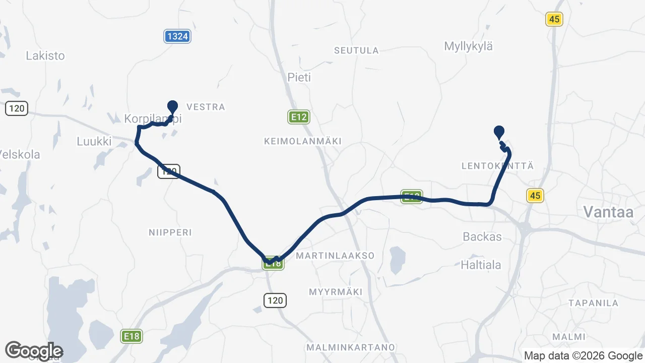 Route map: Helsinki Airport to Serena Water Park