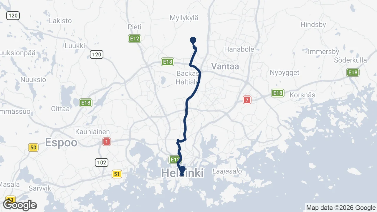 Route map: Helsinki Airport to Sokos Hotel Torni