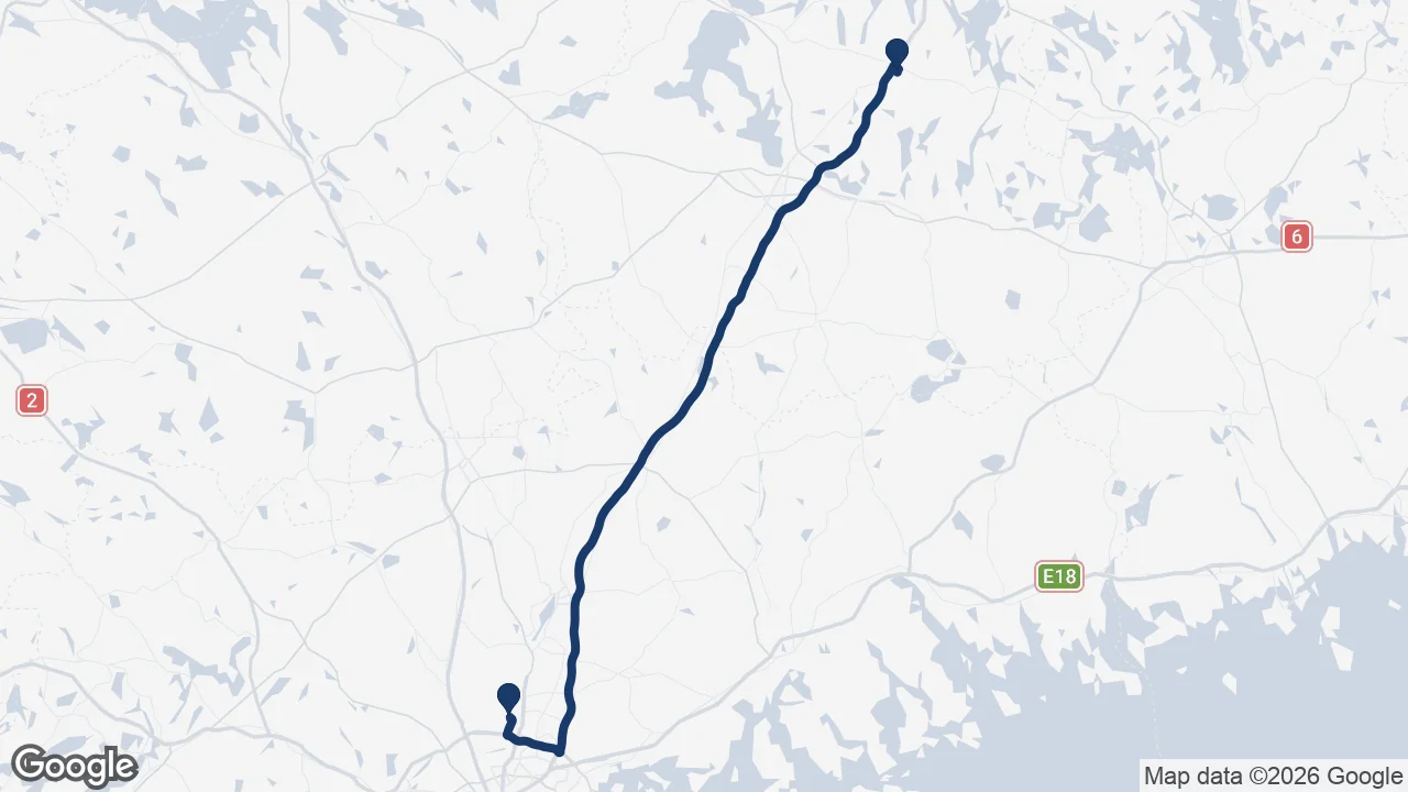 Route map: Helsinki Airport to Vierumäki