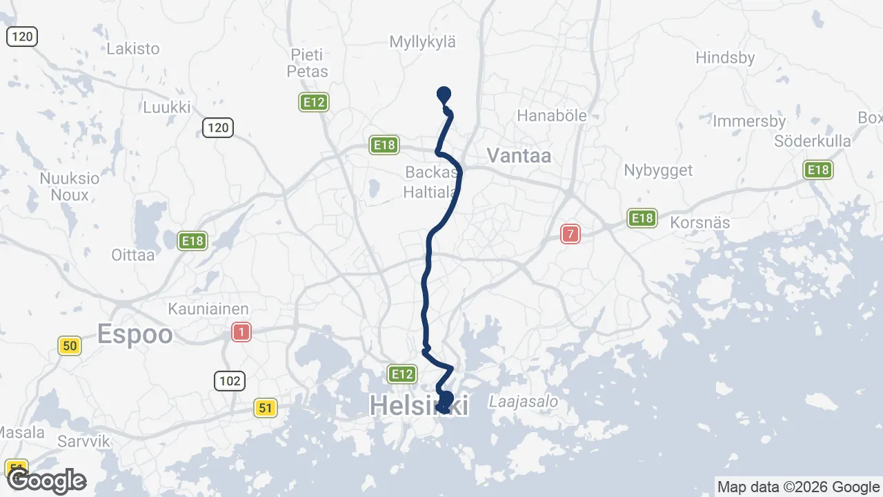 Route map: Helsinki Airport ⇄ Katajanokka