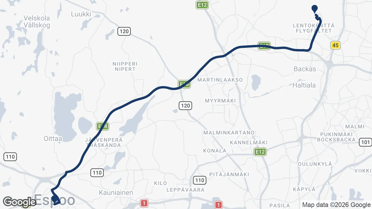 Route map: Helsinki Airport ⇄ Espoo