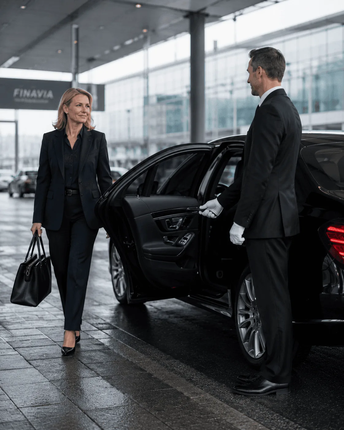 Chauffeur holding the door open for arriving travellers at the airport