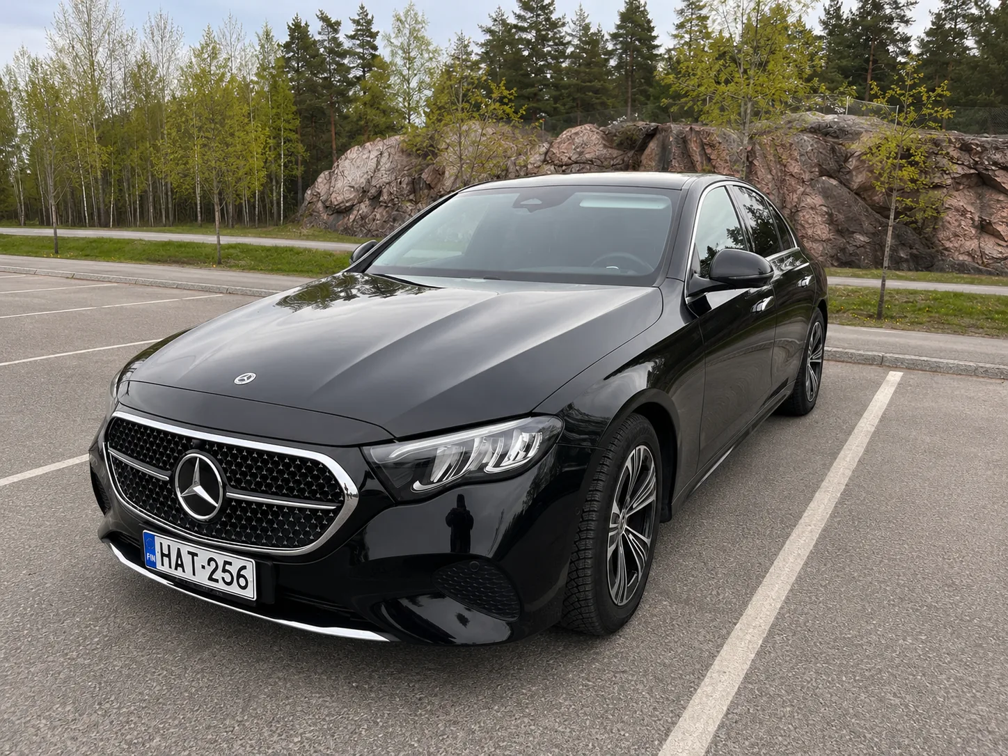Mercedes-Benz E-Class business sedan — front angle at the car park · Helsinki Airport Taxi