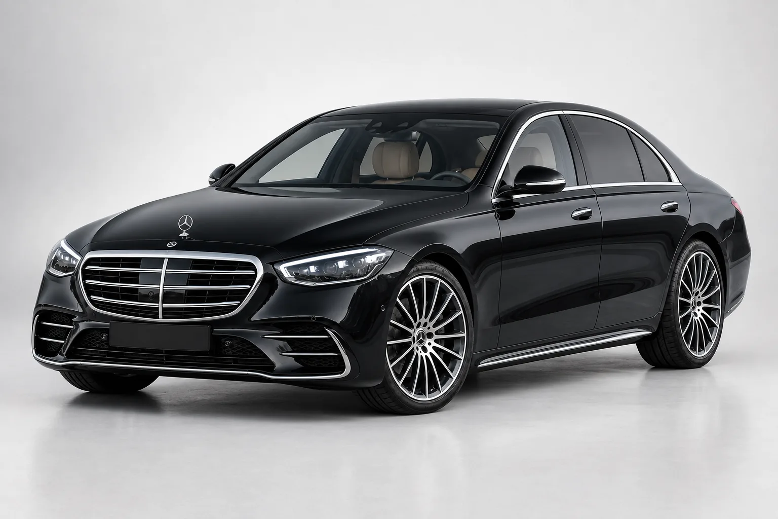 Mercedes-Benz EQS electric first-class sedan — studio view, front three-quarter · Helsinki Airport Taxi
