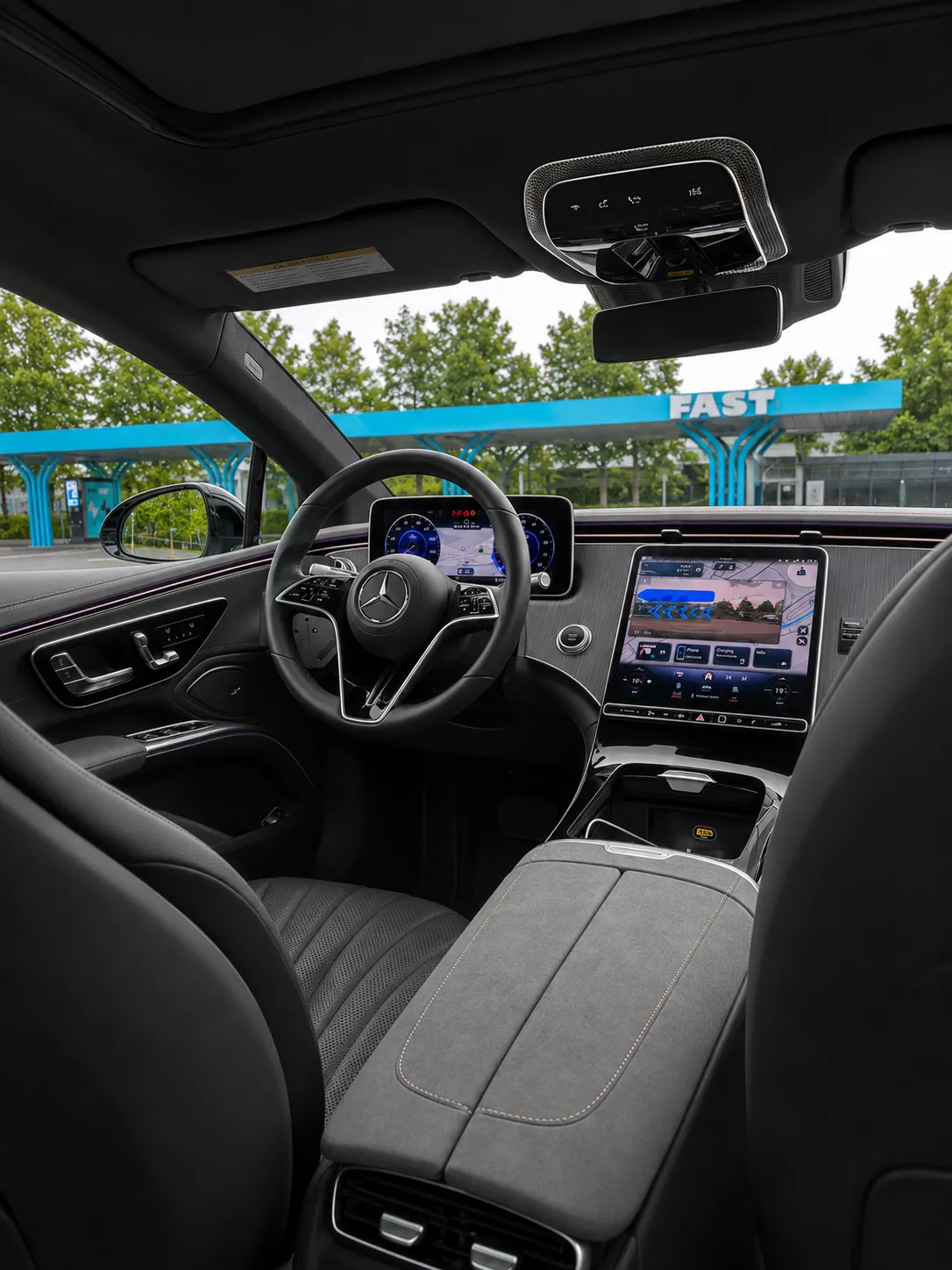 Mercedes-Benz EQS electric first-class sedan — front cabin and dashboard · Helsinki Airport Taxi