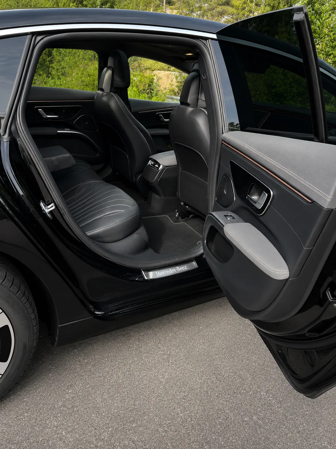 Rear seats of the Mercedes-Benz EQS — legroom for an executive ride