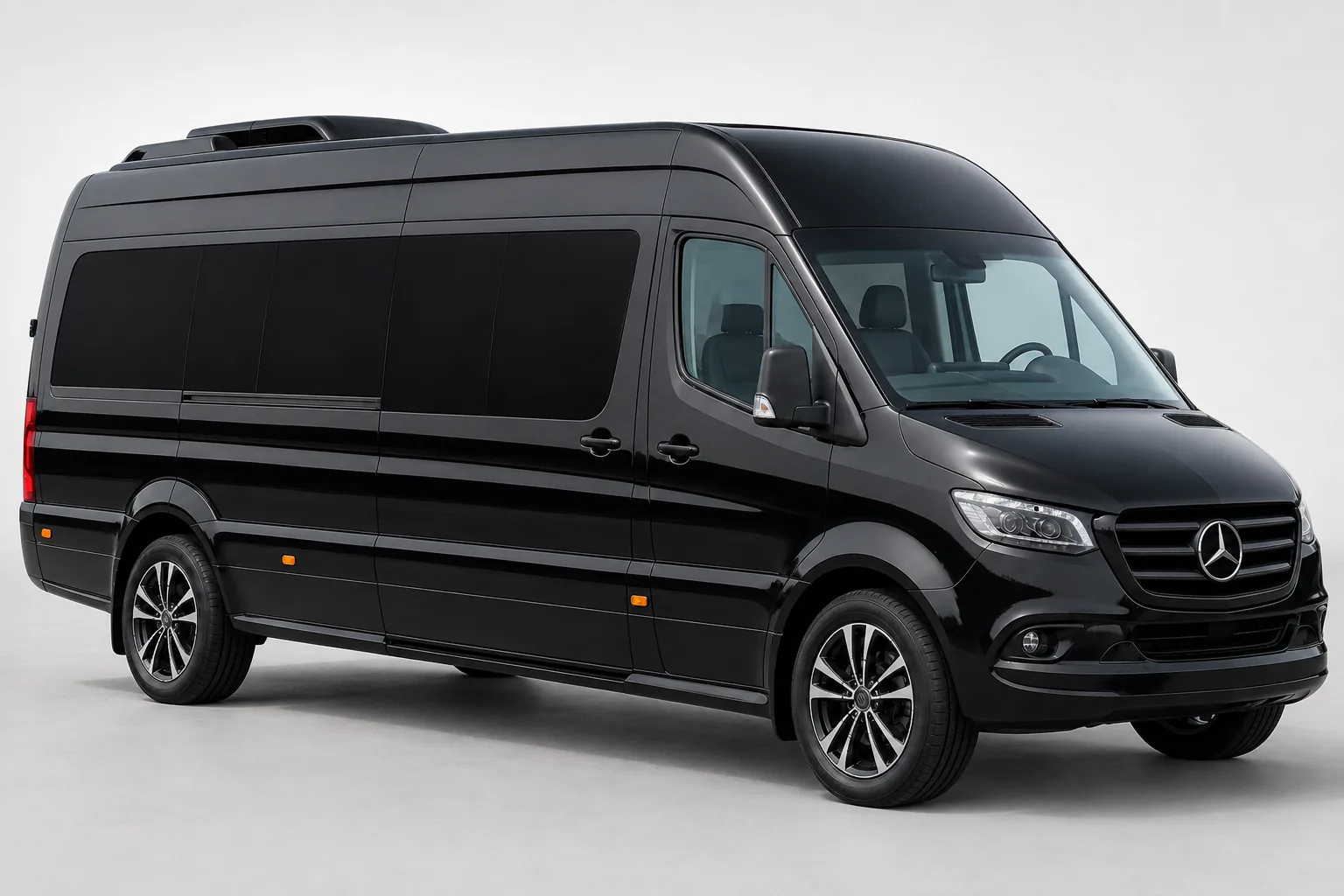 Mercedes-Benz Sprinter business minibus, up to 15 passengers — studio view, front three-quarter · Helsinki Airport Taxi