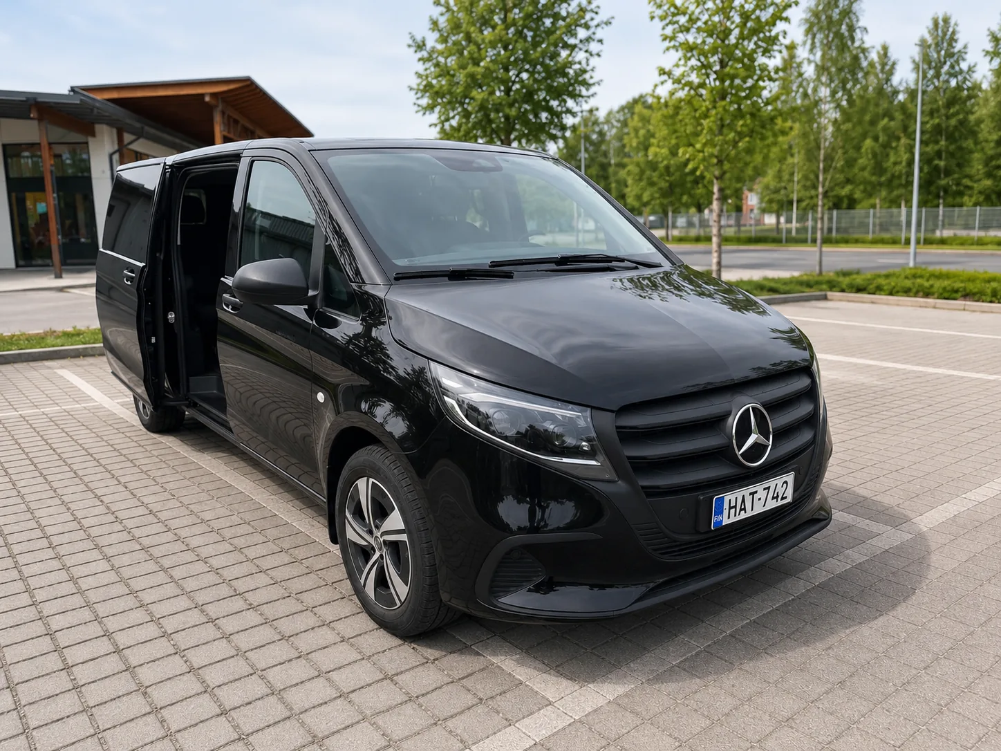 Mercedes-Benz Vito business van — side view, sliding door open · Helsinki Airport Taxi