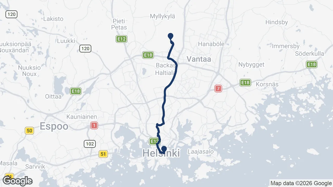 Route map: Helsinki Airport ⇄ Hobo Hotel Helsinki