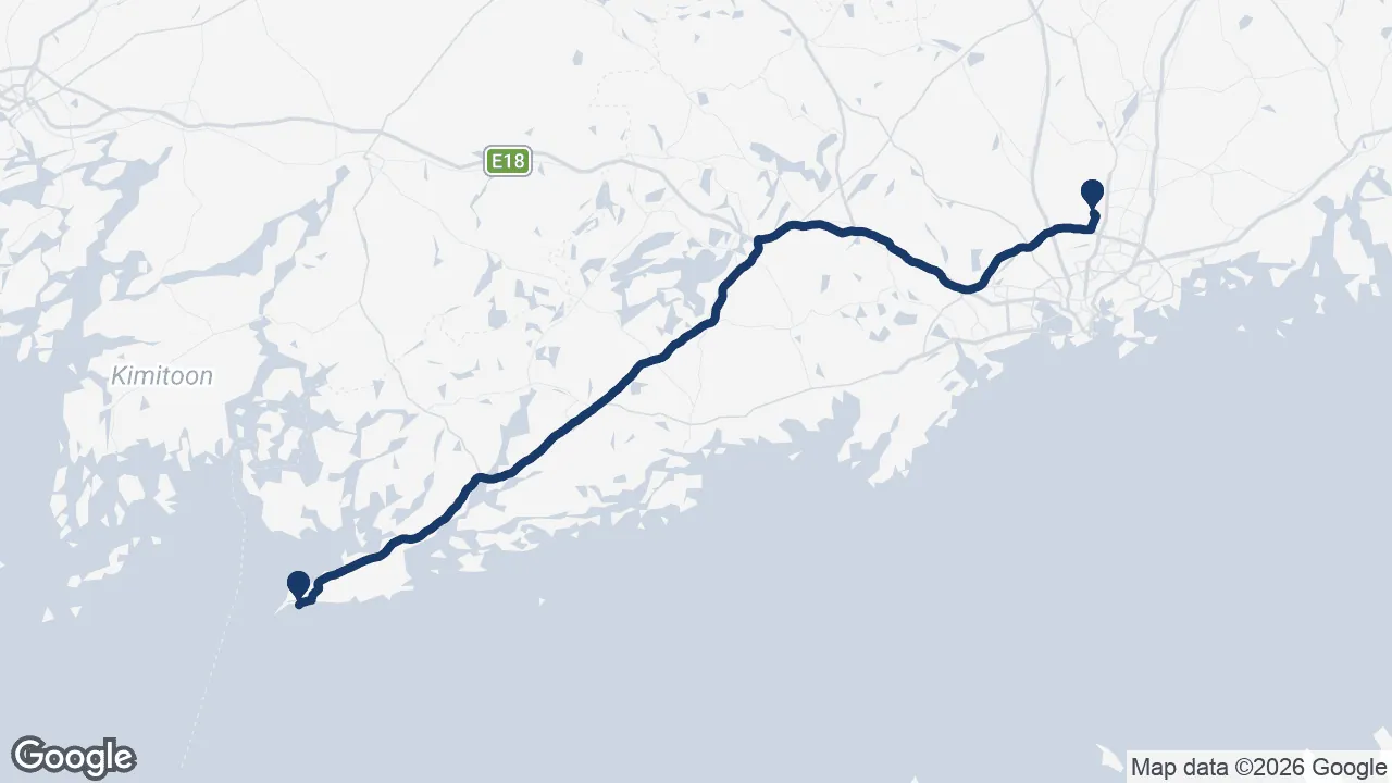 Route map: Helsinki Airport ⇄ Hanko