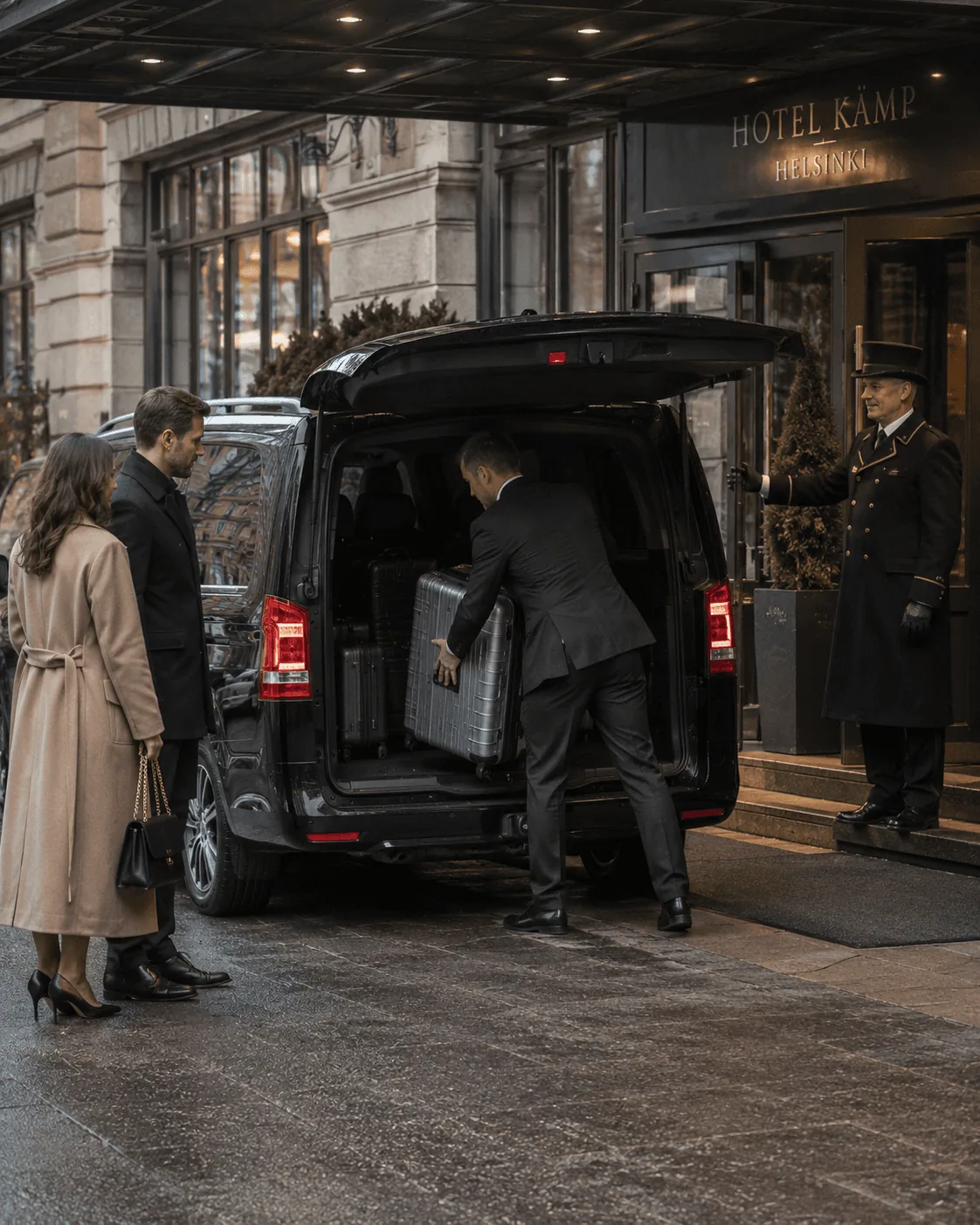 Chauffeur loading luggage into a premium Mercedes minivan outside a Helsinki hotel